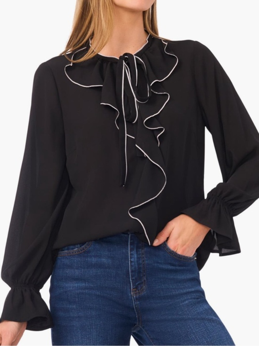 CeCe Contrast Trim Ruffle w/ Tie-Neck Blouse in Black and White Trim Size S